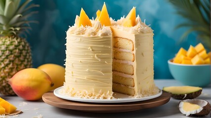 Wall Mural - Transport yourself to a tropical paradise with a birthday cake inspired by the flavors of the Caribbean, featuring layers of coconut and pineapple, topped with a creamy mango frosting.