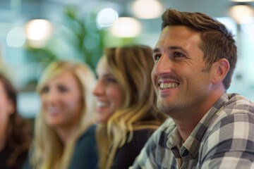 A group of coworkers in casual attire sitting around a conference table in an office setting, engaged in a meeting or presentation