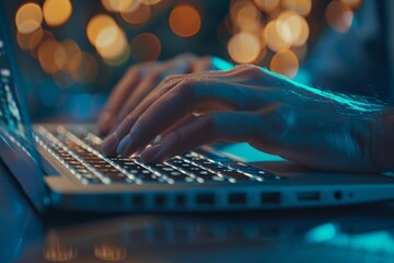 A businessmans hands typing on a sleek laptop keyboard in the blue glow of the screen at night