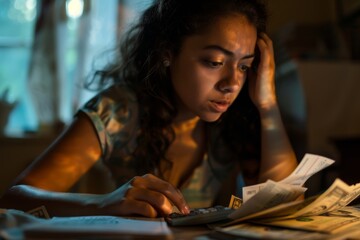 close-up portrait of a young woman counting money at home.