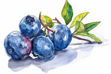 Poster - Artistic watercolor illustration of fresh blueberries with vibrant green leaves on white background