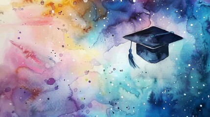 A watercolor painting of a graduation cap on a colorful background. The painting conveys a sense of accomplishment and achievement, as the cap is a symbol of academic success