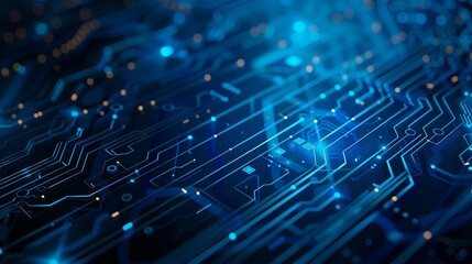 Wall Mural - modern circuit design with advanced tech on deep blue background, top view, ample space.