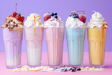 Wall Mural - Milkshakes in various flavors and vibrant colors on a purple background