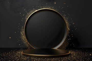 luxurious round black podium in a black empty room with gold glitter in a circle.abstract vector ren