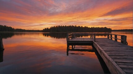 Wall Mural - Wooden jetty on the lake at sunset. Beautiful summer landscape.