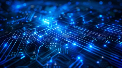 Wall Mural - tech-themed circuit design concept on deep blue background.