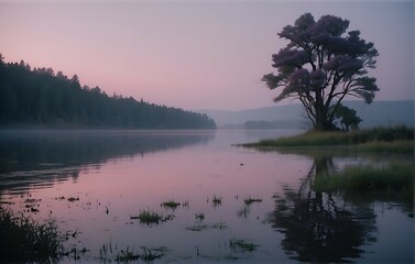 Wall Mural - misty morning on the lake in the forest.