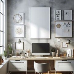 A desk with a computer and a chair and a picture frame on the wall image lively has illustrative meaning used for printing.