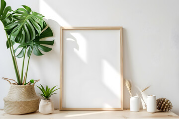 Wall Mural - minimalist aesthetic frame mockup poster template on the table leaning on the white wall with home decor and beautiful plant mock up. Generative Ai.