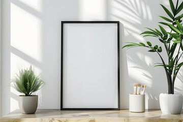 Wall Mural - minimalist aesthetic frame mockup poster template on the table leaning on the white wall with home decor and beautiful plant mock up. Generative Ai.