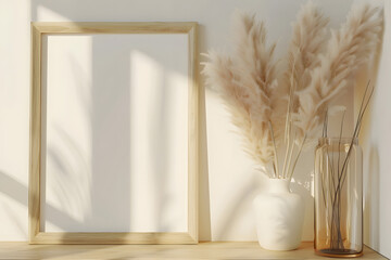 Wall Mural - Mock up frame close up in home interior background, Boho style, 3d render mock up. Generative Ai.