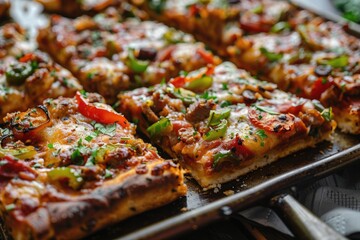 Traditional Detroit Pizza with Pork Meat and Pepper. Closeup of Sliced Lunch with Epicure Sauce