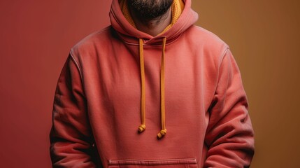 Wall Mural - A man is wearing a red hoodie with orange trim