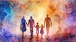 A family of four is walking together in a colorful, abstract painting. The painting has a dreamy, whimsical feel to it