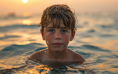 Wall Mural - A young boy is in the water, looking at the camera. The water is calm and the sun is setting in the background