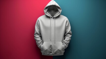Wall Mural - A hoodie is displayed on a red and blue background