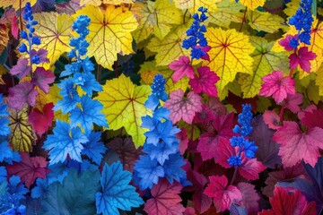 Wall Mural - Colorful Mix of Heucherella Perennials with Blooming Flowers in Various Shades of Yellow, Blue