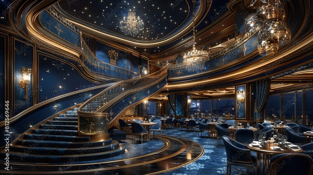 Luxurious cruise ship restaurant interior design with crystal ...