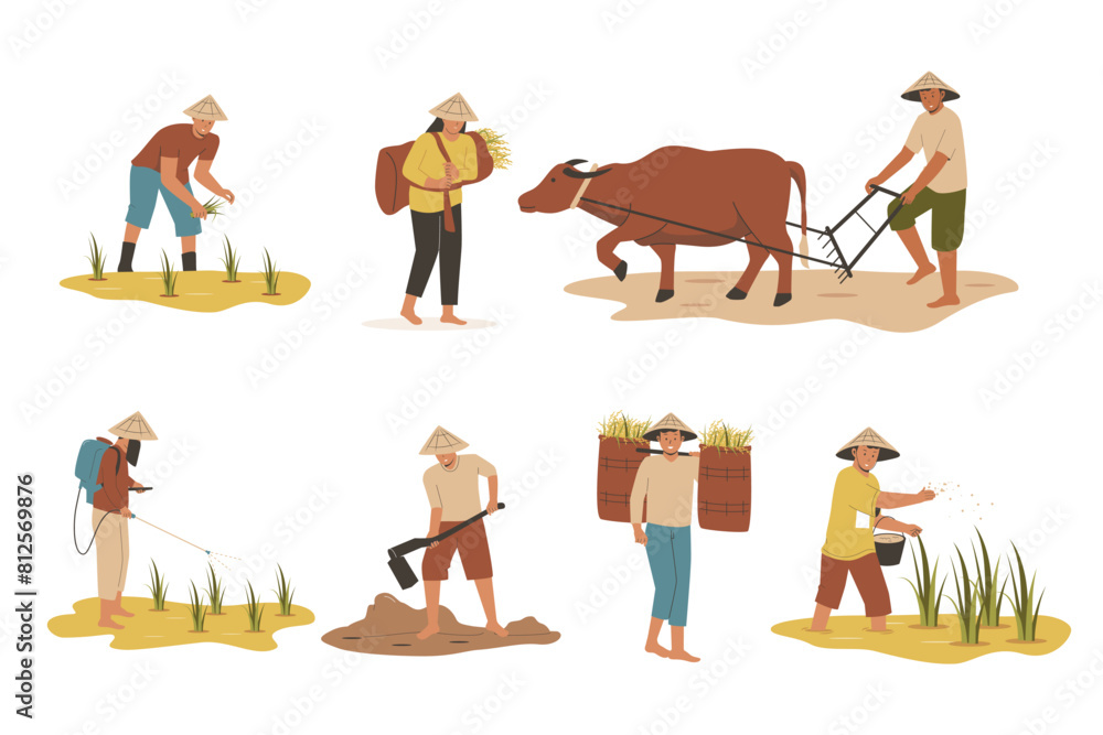 Vector collection of Asian rice farmers. Flat illustration set Stock ...