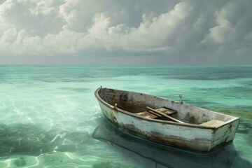 Poster - Tranquil ocean scene with a single rustic boat floating on the calm turquoise water