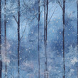 Watercolor Winter Scene, Blue and White, Snowy Trees and Snowflakes Background