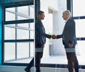 Poster - Business men, handshake and networking in office with agreement, deal or partnership. Greeting, welcome and onboarding at corporate company with professional contract and thank you at law firm