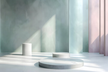 Wall Mural - Pedestals or podium, abstract geometric empty museum stages, exhibit displays for award ceremony or product presentation platforms, 3d rendering. Generative Ai.