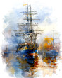 Watercolor painting of a ship sailing on calm waters with a sky full of clouds