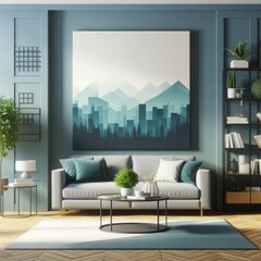 A living room with a template mockup poster empty white and with a painting on the wall art attractive has illustrative meaning used for printing.