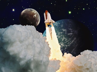 Wall Mural - dark space shuttle launch in the clouds with stars on background.spaceship flight. elements of this 