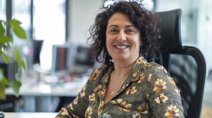 Wall Mural - A smiling woman with curly hair wearing a floral blouse seated in an office chair with a blurred background of a modern workspace.