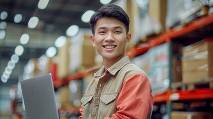 Wall Mural - Young man smiling at camera standing in a warehouse with shelves of boxes holding a laptop.