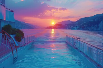 Wall Mural - On the deck of a luxury cruise ship, there is an outdoor swimming pool with blue water and white railings on one side. The sea view shows mountains under a colorful sky at dusk. 