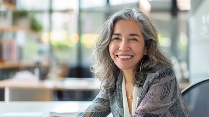 Wall Mural - Smiling woman with gray hair wearing a patterned jacket sitting at a desk in a brightly lit office with bookshelves and windows in the background.