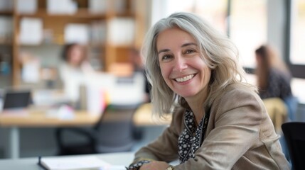 Wall Mural - Smiling woman with gray hair wearing a brown jacket sitting at a desk in a brightly lit office with blurred colleagues in the background.