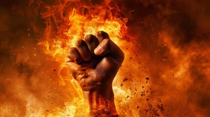 Wall Mural - Black power represented by a raised fist against a backdrop of flames