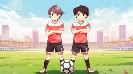 Two young boys are standing on a soccer field, one of them holding a soccer ball