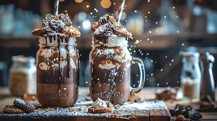 Close up view of two freakshake in mason jar on brown table freaked milkshake with chocolate biscuit cookies and sugar sprinkling trendy food concept