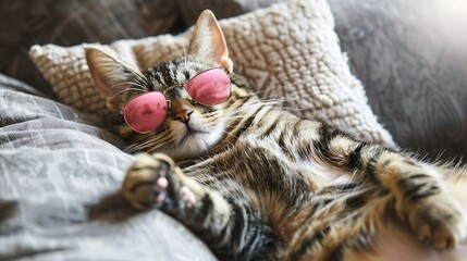 Cute funny tabby cat wearing pink sunglasses a shape of heat sleeping on couch on big pillow dressed pets pets like human valentines day