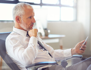 Aufkleber - Business, thinking and mature man with smartphone, ideas and opportunity with decision, app and choice. Person, web designer or employee with cellphone, solution and problem solving with social media