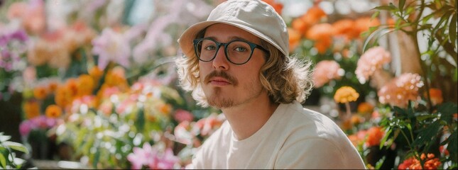 A young caucasian gardener in hat and glasses with light blond curly hair is posing in greenhouse. A close up portrait.