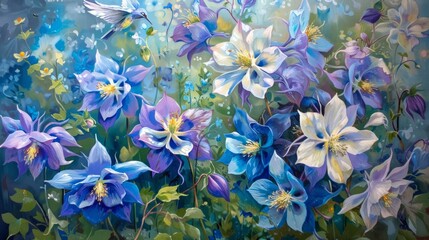 Canvas Print - Columbine blooms in shades of blue, purple, and white, their delicate flowers attracting hummingbirds to the garden