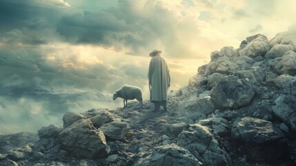 Wall Mural - Parable of the lost sheep with a shepherd searching among rocky terrain