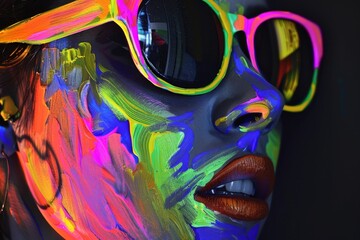Leinwandbilder - A vivid display of fluorescent neon paint strokes swirling on a black backdrop, demonstrating a contrast of light and darkness