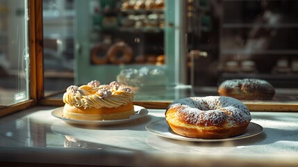 Still life shot of two delicious sweet treats on a table inside a bakery