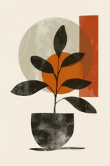 Aufkleber - A modernist illustration showcasing an abstract plant in a pot, rendered with geometric shapes and earthy colors
