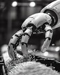 Extreme closeup of a robotic claw selecting engineered grains, front view, Grain selection robot, futuristic tone, black and white