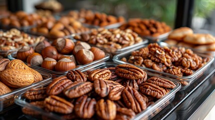 a colorful array of assorted nuts and seeds showcased in a bustling market environment