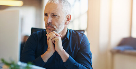 Aufkleber - Thinking, computer and business man in office with idea, brainstorming project and planning. Corporate worker, professional and thoughtful mature person for strategy, problem solving and solution